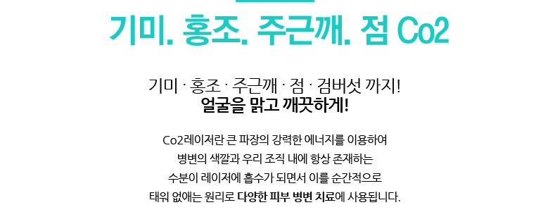 기미. 홍조. 주근깨. 점 Co2
				/기미 . 홍조 . 주근깨 . 점 . 검버섯 까지! 얼굴을 맑고 깨끗하게!
				/Co2레이저란 큰 파장의 강력한 에너지를 이용하여 병변의 색깔과 우리 조직 내에 항상 존재하는 수분이 레이저에 흡수가 되면서 이를 순간적으로 태워 없애는 원리로 다양한 피부 병변 치료에 사용됩니다.