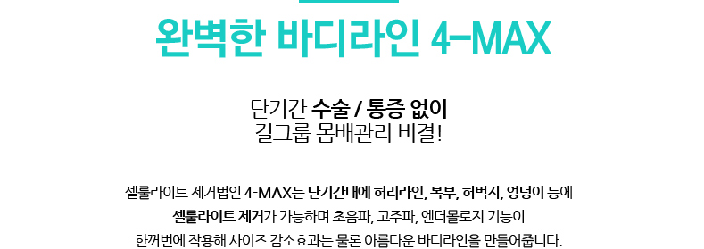 완벽한 바디라인 4-MAX
				/단기간 수술 / 통증 없이 걸그룹 몸배관리 비결!
				/셀룰라이트 제거법인 4-MAX는 단기간내에 허리라인, 복부, 허벅지, 엉덩이 등에 셀룰라이트 제거가 가능하며 초음파, 고주파, 엔더몰로지 기능이
				한꺼번에 작용해 사이즈 감소효과는 물론 아름다운 바디라인을 만들어줍니다.